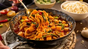 Ik maak deze pittige bimi-stoof met zoete aardappel mee met MAX: kruidig, stevig en doordeweeks