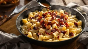 Pasta met romige roomsaus, crispy chili-olie en spek die ik blijf maken